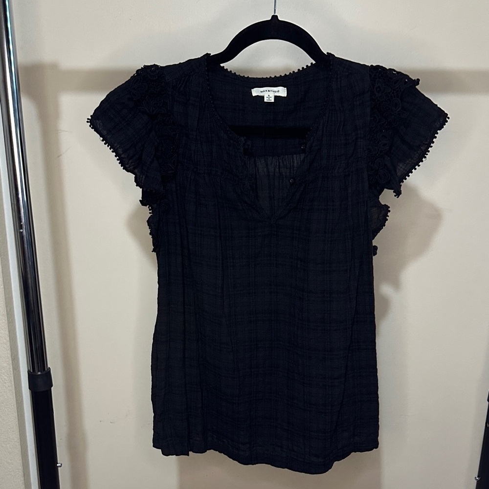 Max Studio Black Textured Blouse with Lace Accents
